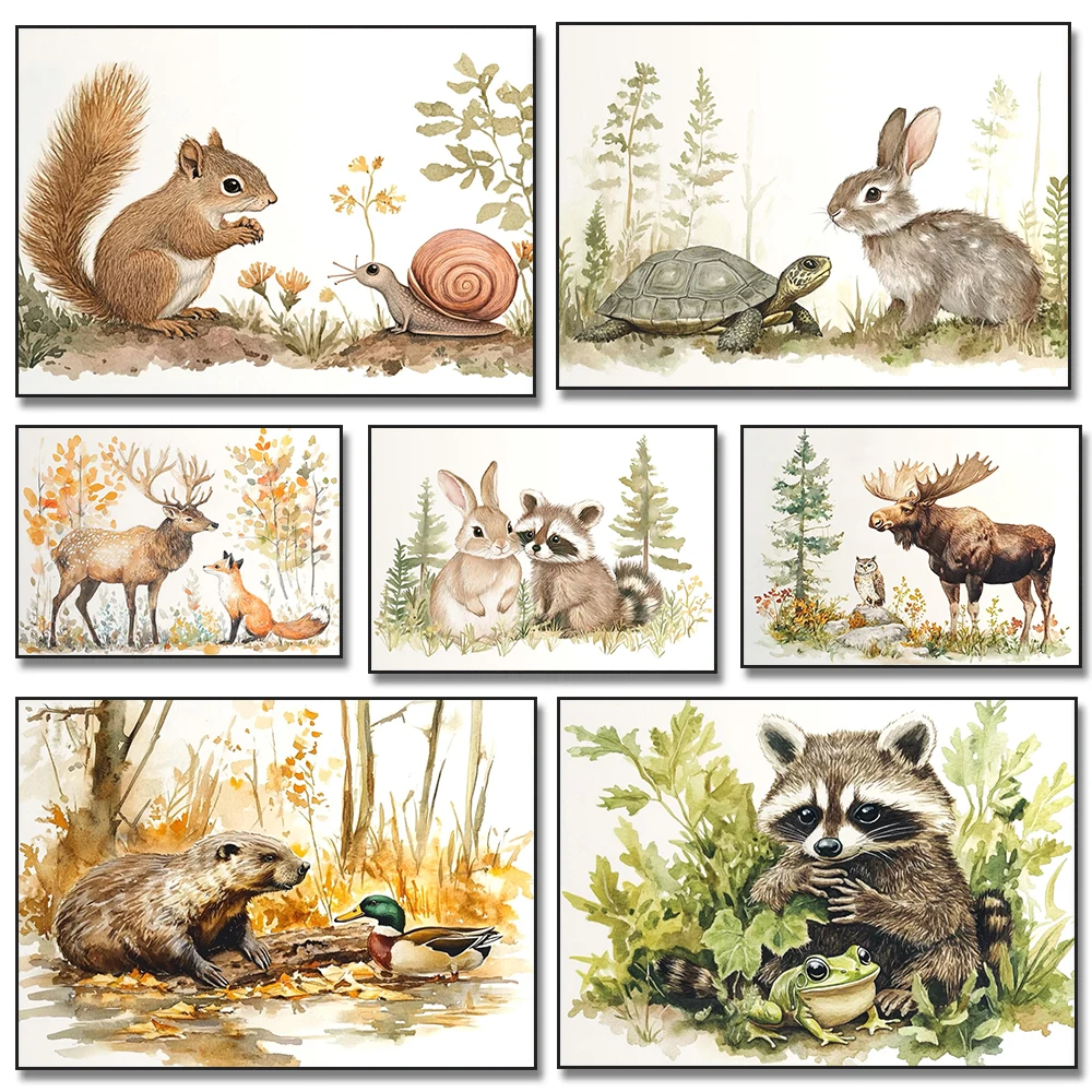 (No frame)Forest Animal Rabbit Turtle Squirrel Cartoon Illustration Posters Prints Canvas Painting Wall Art Picture Living Ro