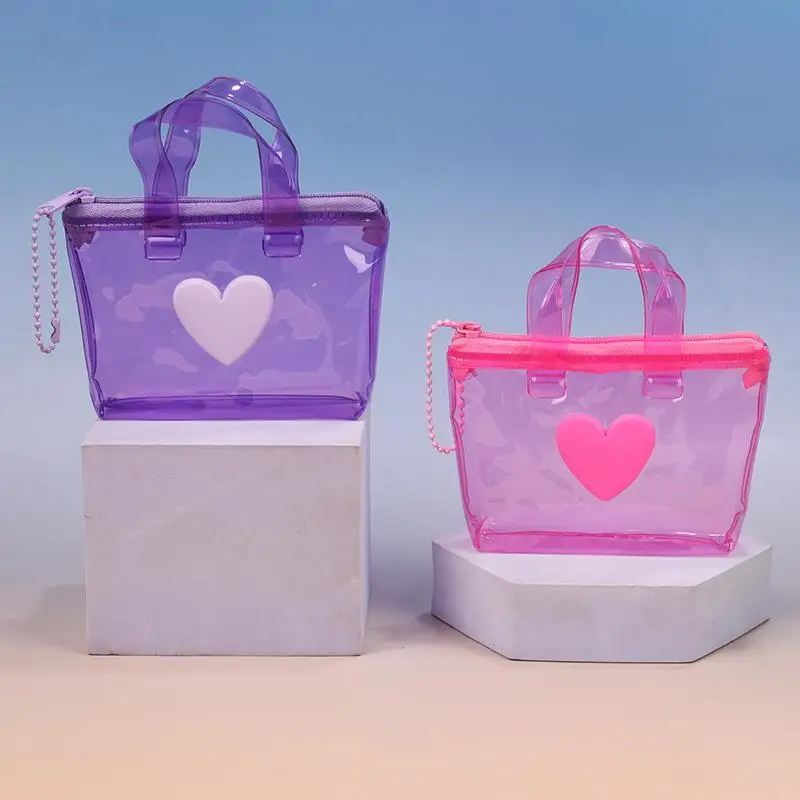 Solid Color Heart-Shaped Storage Bag Mini Waterproof Coin Purse Handheld Keychain Earphone Bag view 2