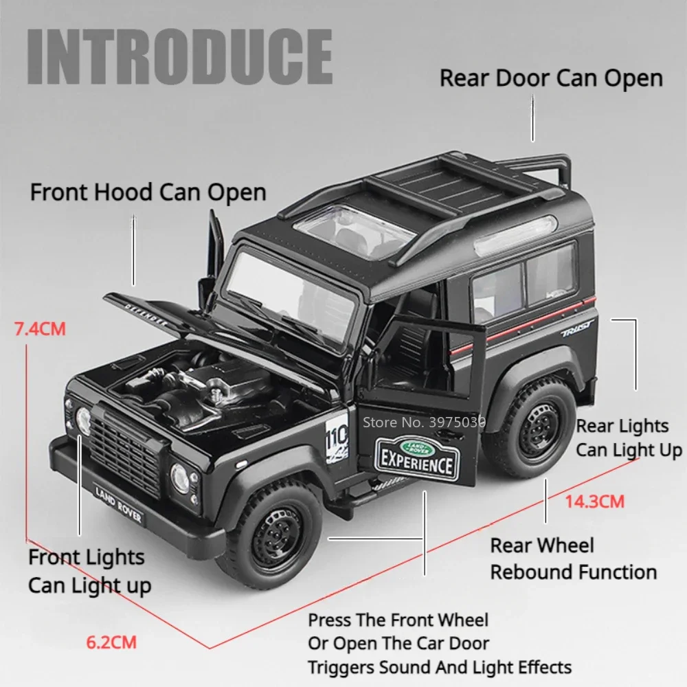 1:32 Land Rover Defender Car Model Off-Road Vehicles Alloy Diecast Metal Toy with Pull Back Sound Light Collection Children Gift