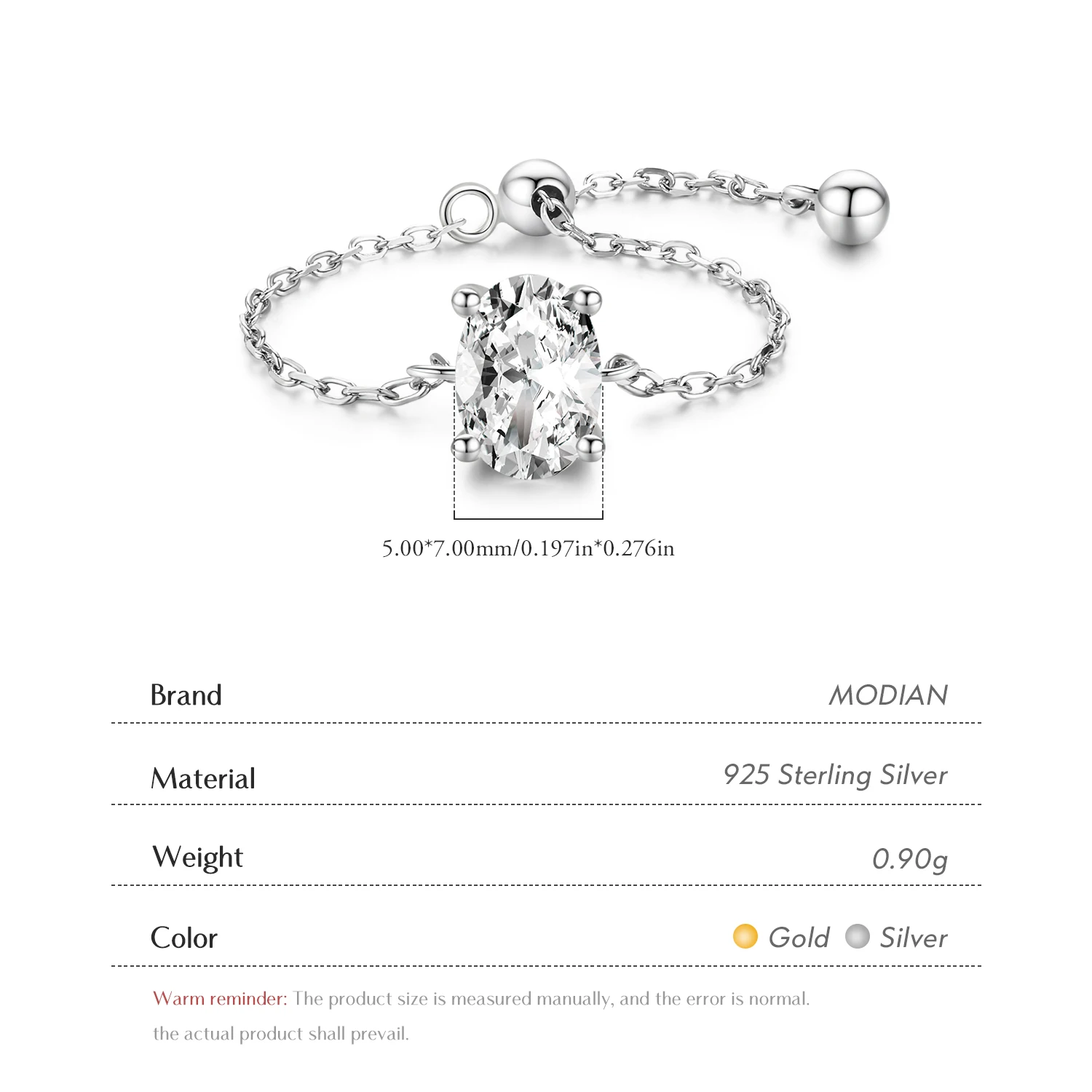 Modian 100% prawdziwe 925 Sterling Silver owalny cyrkon damski pierścionek regulowany łańcuszek Link Rings dla kobiet biżuteria ślubna na prezent — zdjęcie 4