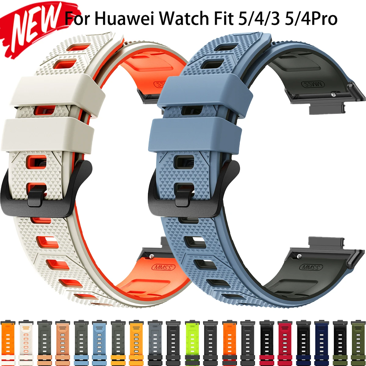 Silikon-Sportarmband für Huawei Watch Fit 5/4/3 Zweifarbiges Weiches Armband für Huawei Band Fit 5Pro 4Pro Atmungsaktives Verstellbares Armband