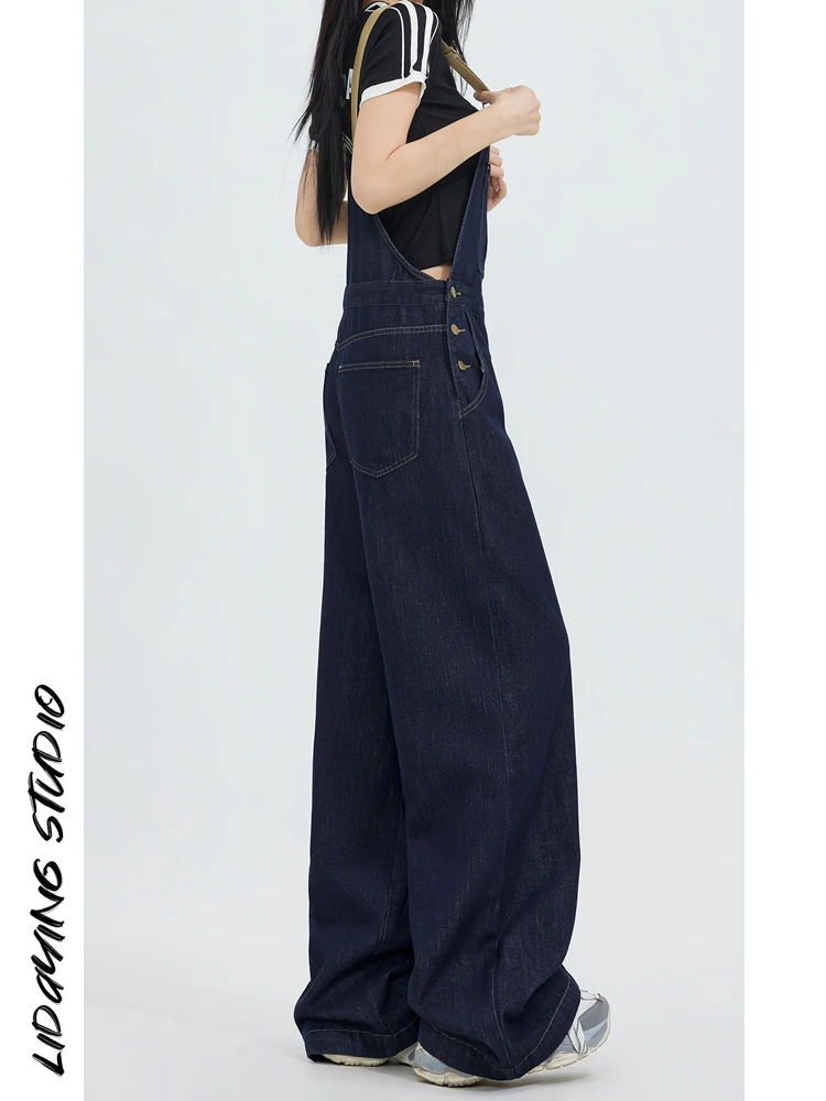 딥 블루 와이드 레그 오버롤 여성용 루즈핏 레트로 슬레 진즈 리당 2025 봄 컬렉션 l 허리 롱 트라우저