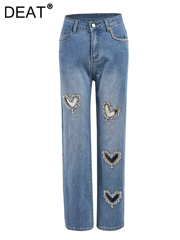 

DEAT Women's Denim Pants High Waist Heart Shape Hollow Out Design Diamonds Blue Stretch Jeans 2024 Autumn New Fashion 29L8184