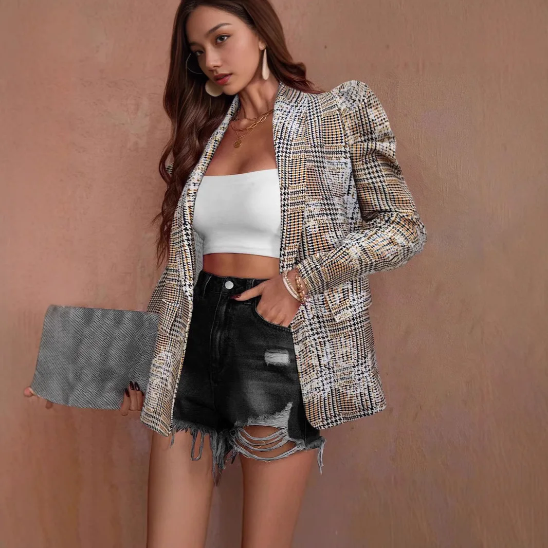Veste de costume plissée à manches bulles pour femmes, élégante, imprimée, nouveau haut de banlieue à manches longues pour vêtements de bureau