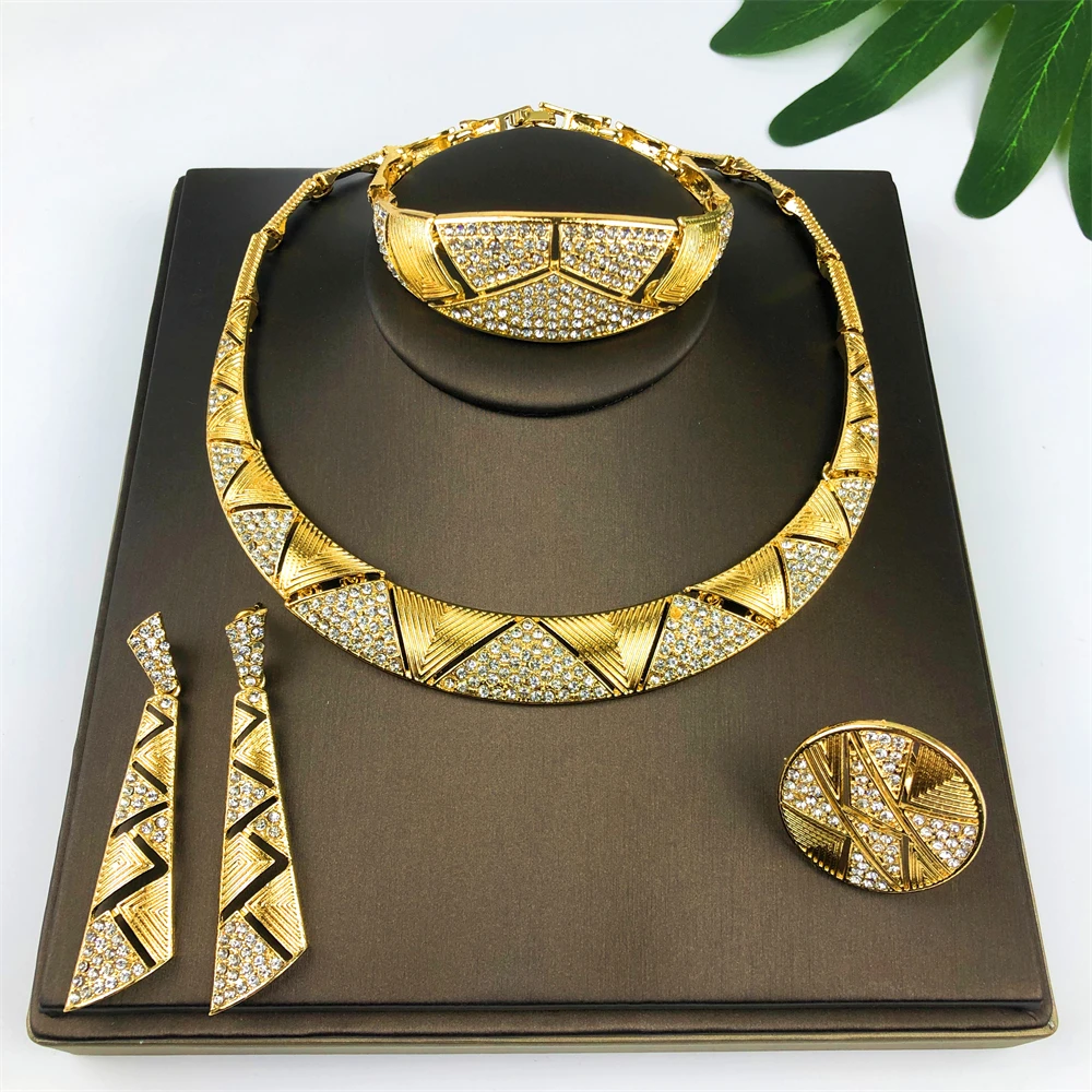 

Luxury Dubai Nigeria Gold Color Women Jewelry Set Classic Design 18KGold Plated Necklace Earring Ring Bracelet Party Jewelry
