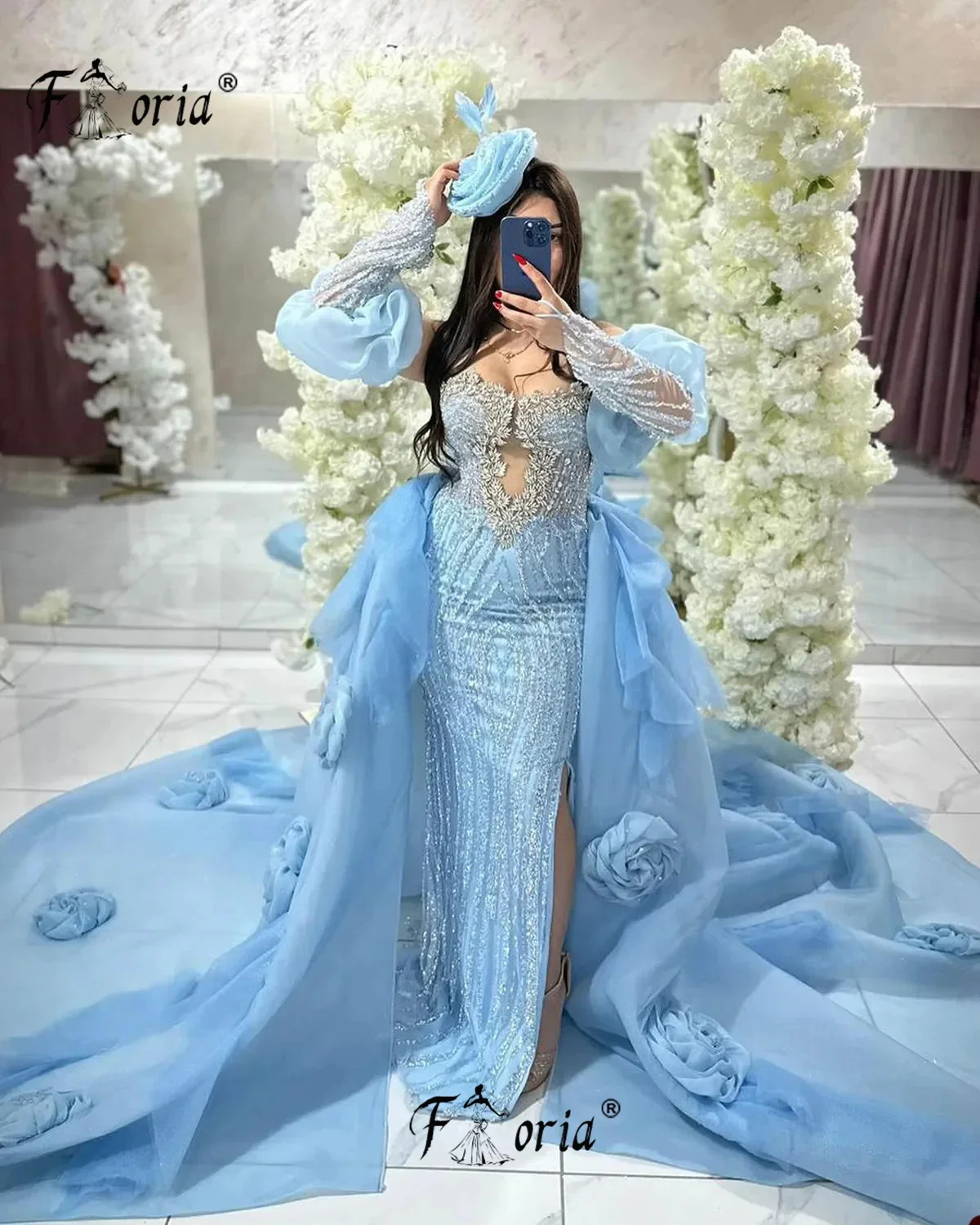 

Luxury Modest Blue Crystals Mermaid Evening Dress with Detachable Train Flower Beaded Wedding Party Gowns vestidos de noche 2026