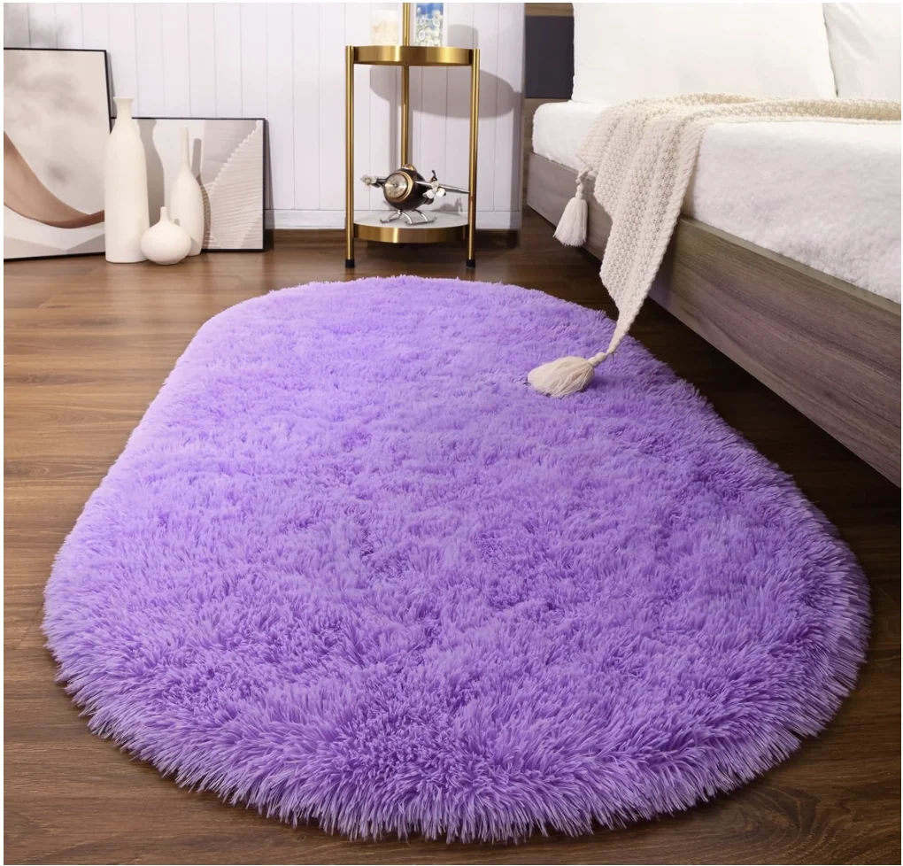 Purple Fluffy Rugs for Bedroom, Shag Cute Area Rug for Girls and Kids Baby Room Home Decor, 2.6 x 5.3 Feet Oval Indoor Carpet