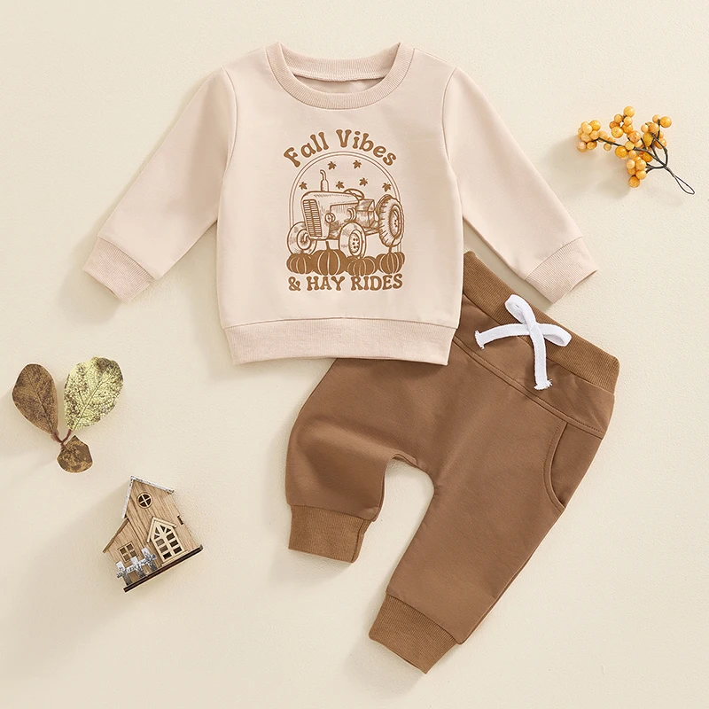 

Baby Boy Fall Outfits Toddler Halloween Clothes Bulldozer Print Long Sleeve Sweatshirt Elastic Waist Pants 2 Piece Set Tracksuit