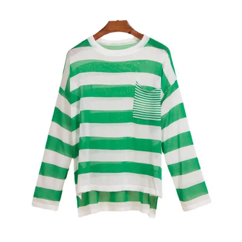 

2024 Slouchy Color Contrast Stripes Loose Round Neck Long Sleeve Sunscreen Thin Ice Silk Single Pocket Sweater Top