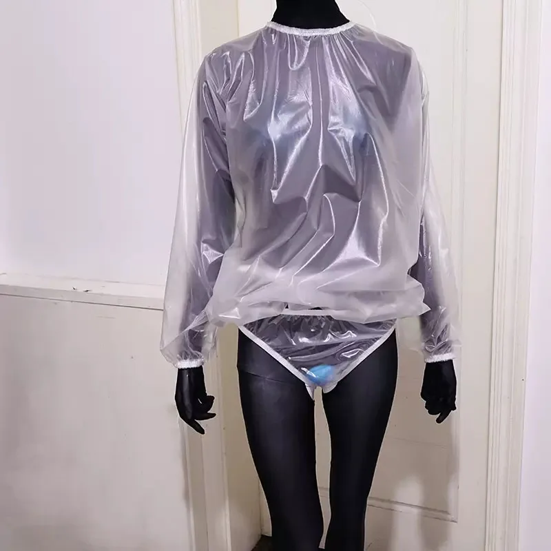 

PVC Transparent Soft Silent Long Sleeved Plastic Round Neck Shirt Pullover T-shirt, ABDL Waterproof Briefs Couple Intimate Set ﻿