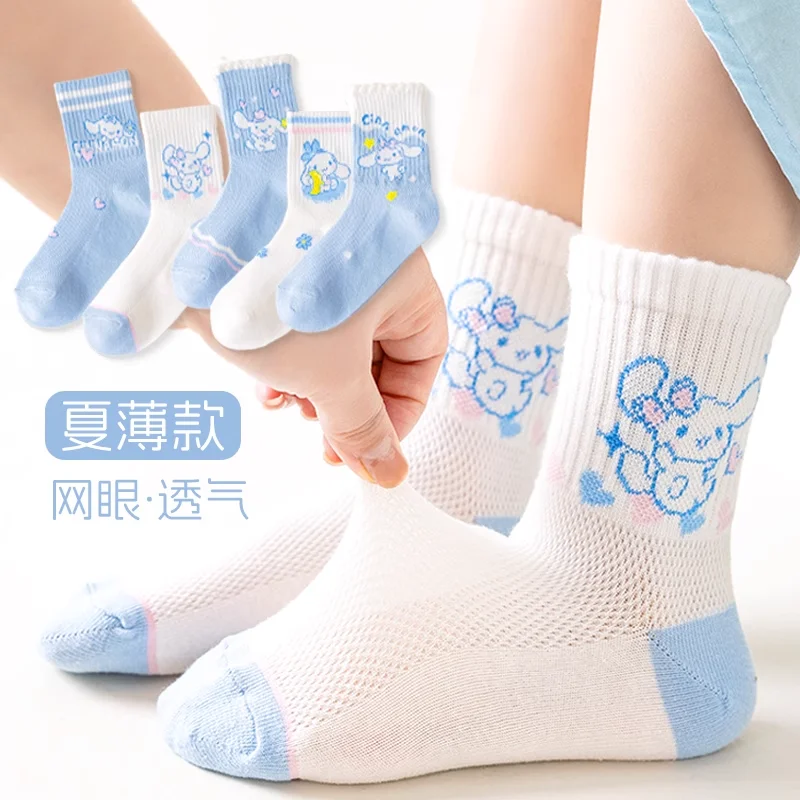 Sanrio Cinnamoroll-Calcetines de algodón para niña, medias de media pantorrilla con encaje fino, de dibujos animados, transpirables, 5 pares