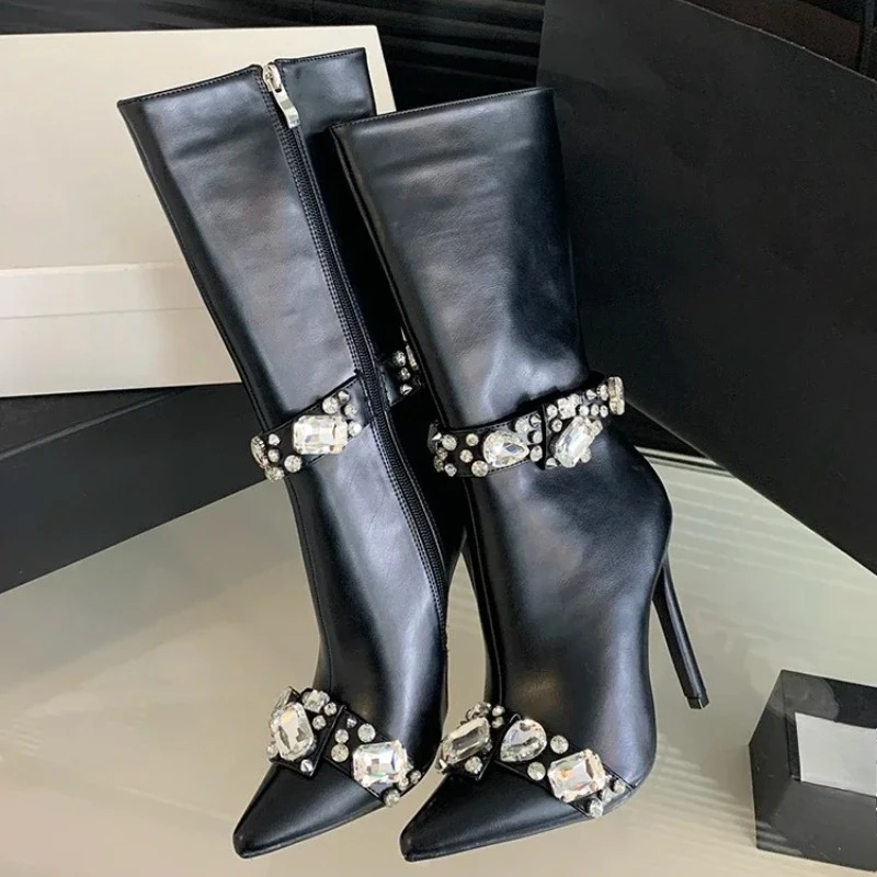 

Aneikeh/осенне-зимние сапоги до колена, женские высокие сапоги из искусственной кожи с острым носком, вечерние длинные туфли на высоком каблуке для стриптиза на молнии, женские туфли