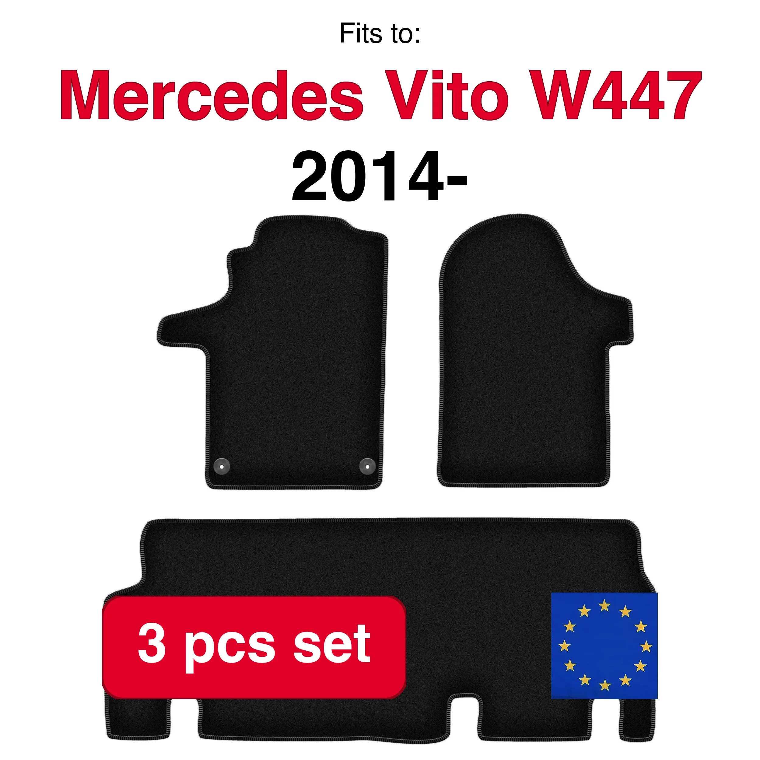 Image of Veloursteppich-Set für Mercedes Vito W447 Lieferwagen (ab 2014) – Schwarz (3-teilig) passgenaues Auto-Fußmatten-Set
