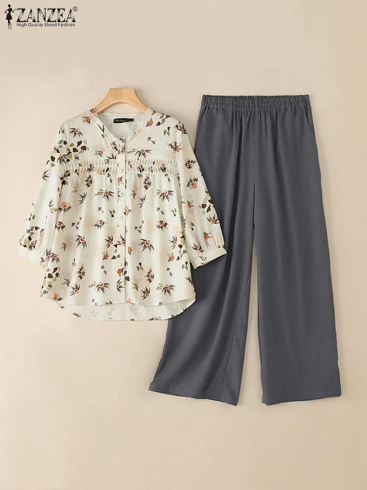 ZANZEA-Conjuntos de pantalones de moda informales para mujer, camisas con estampado Floral de manga 3/4 y pantalones largos con cintura elástica, trajes de 2 piezas, otoño 2025
