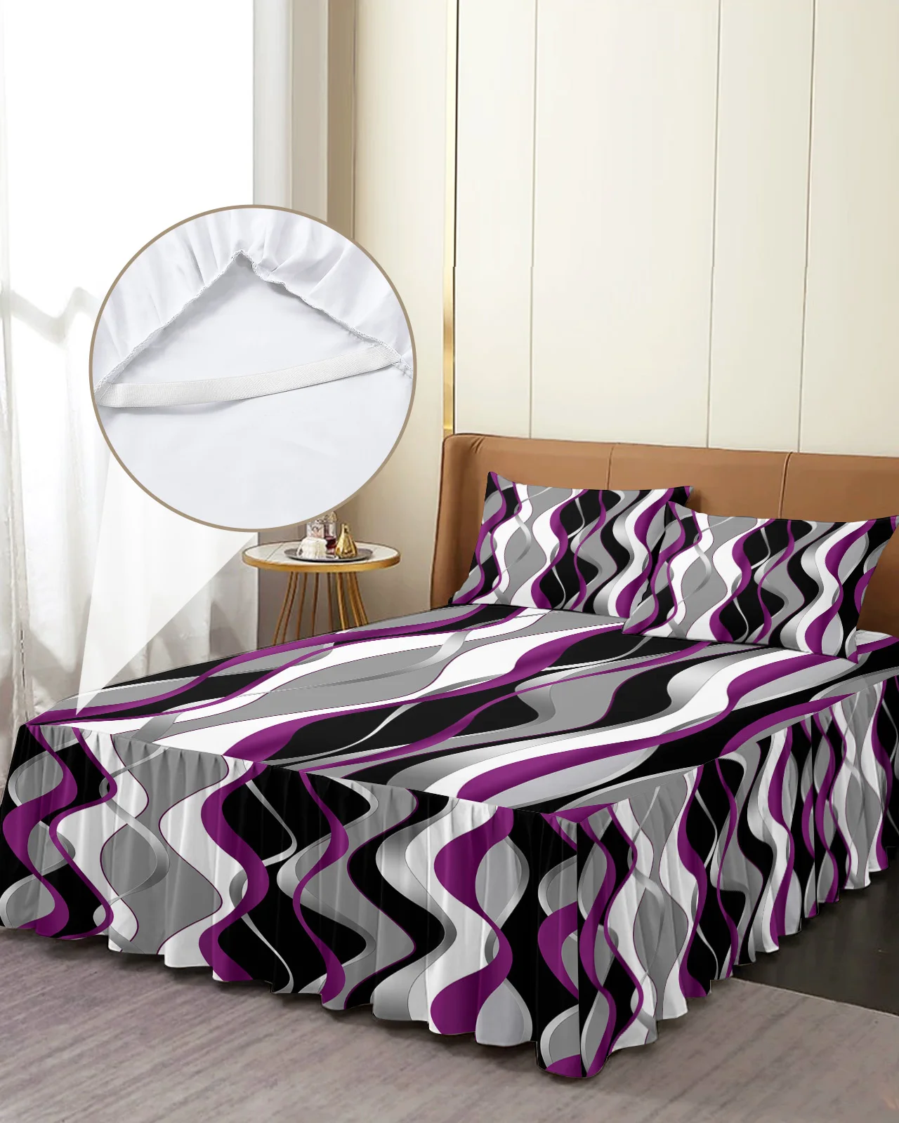 Abstract Lines Gradient Purple Bed Skirt Elastic Fitted Bedspread With Pillowcases Mattress Cover Bedding Set Bed Sheet