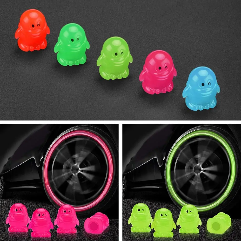 4Pcs Cartoon Penguin Luminous Tire Valve Caps Car Accessories Fluorescent Tyre Valve Stem Cap Wheel Decoration Auto Styling