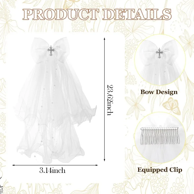 First Communion Veil for Girls Catholic 1st Holy Communion White Bow Headpiece Accessories Set Dress Up Party Supplies 3