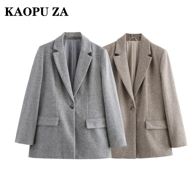 

KAOPU ZA 2024 New Autumn/Winter Woman Casual Notched Collar Long Sleeve Blazer Jacket Female Vintage Solid Color Button Coat Top