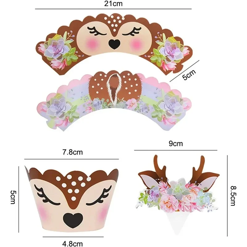 12pcs Cartoon Sika Deer Cupcake Wrapper Antlers Paper Cake Toppers Merry Christmas Xmas New Year Birthday Party Decoration