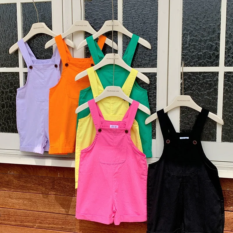 Pantalones cortos tipo overol para niñas/niños, cintura elástica, ajuste holgado, lindos pantalones cortos naranjas con cierre de botones, uso diario, overoles para vacaciones para niños