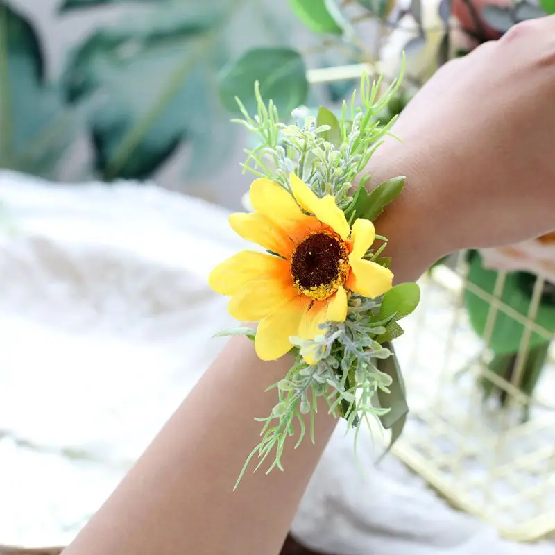 Fleurs Artificielles de Tournesol, Corsage de Poignet Boutonnières, Accessoires de Mariage pour Demoiselle d'Honneur, 2023