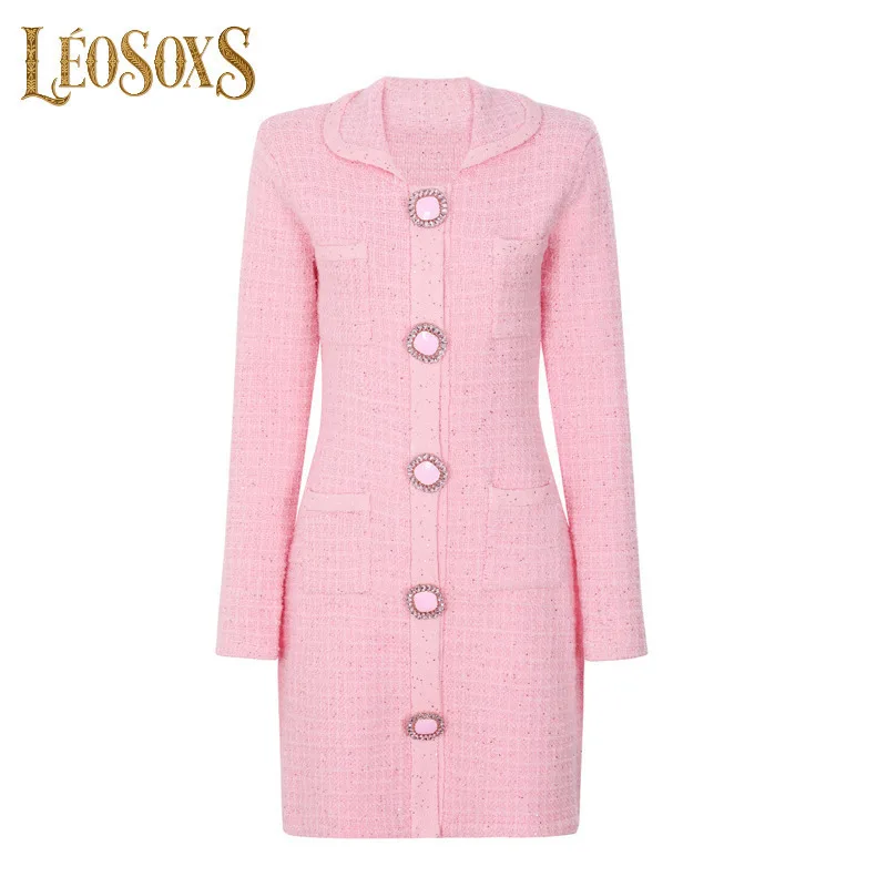 

LEOSOXS Women's Luxe Tweed Dress Pink Crystal Button Embellishments & Classic Silhouette For Elegant Daily Styling Look 2025