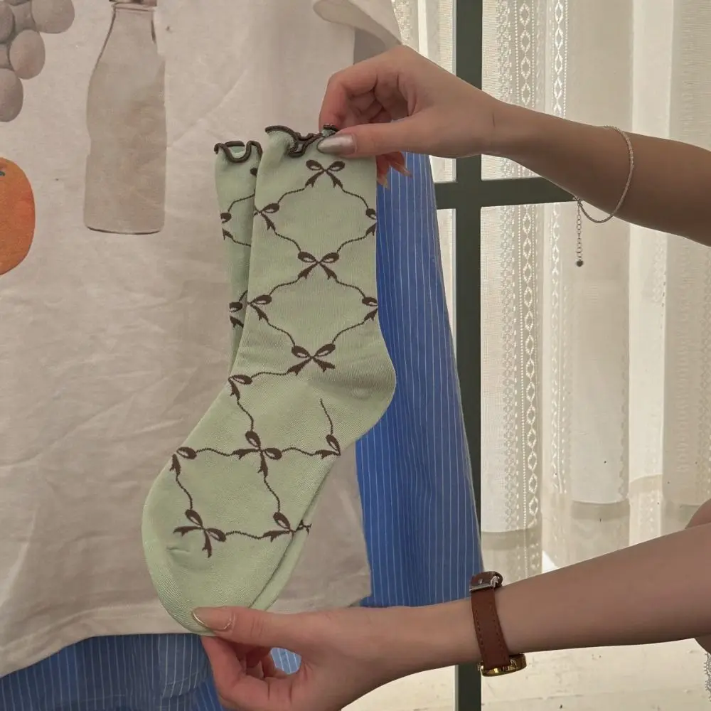 5켤레 단색 얇은 면 러플 리본 양말 인스 스타일 통기성 미드 튜브 양말 여성용 로리타 스윗 양말 여성 소녀용