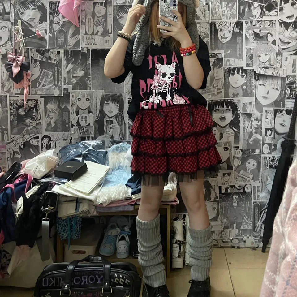 NONSAR Japanese Punk Gothic Lace Red Plaid Skirt Women Vintage Y2k High Waist Sexy Cake Skirt Harajuku Fairycore Grunge Clubwear