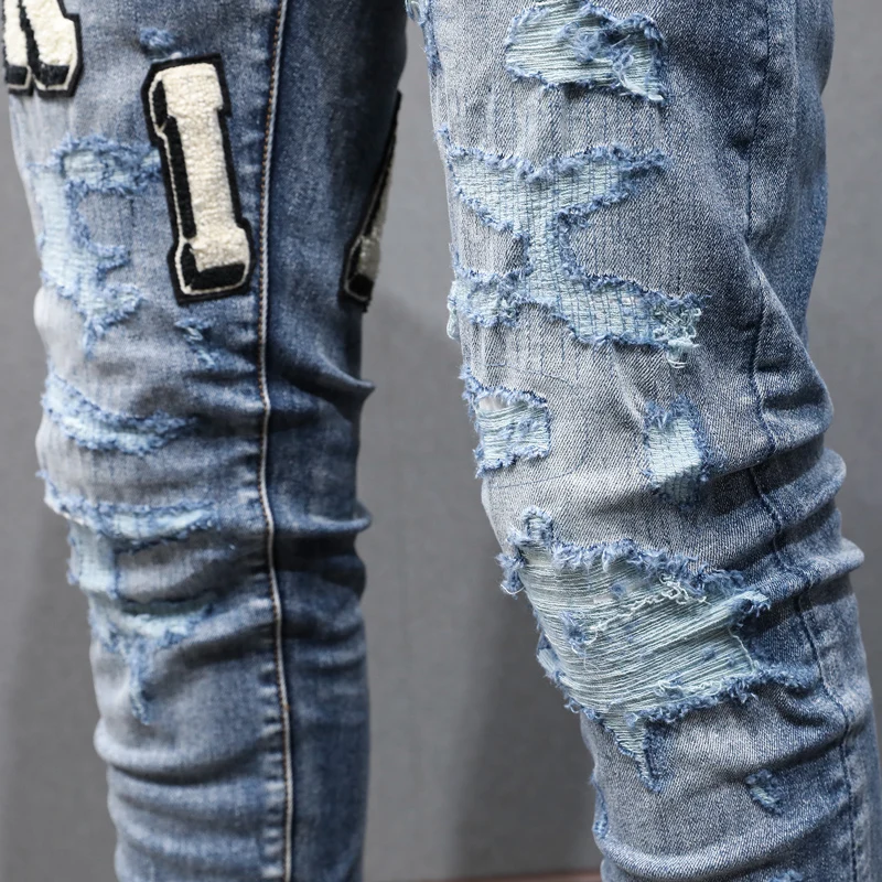 High Street Fashionable Men's Jeans Retro Blue Stretch Slimming Ripple Jeans Men's Hip Hop Brand Designer High Quality Pants Hom