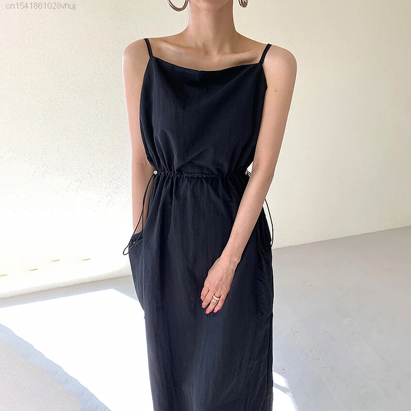 

Retro Casual White Sling Fairy Dress Women Summer Design Large Pocket Drawstring Pleat Waist Hugging Sleeveless Long maxi Dress