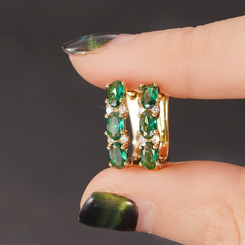 Huitan Fresh Shiny Green Cubic Zirconia Hoop Earrings for Women Newly Trendy Party Ear Accessories Daily Wearable Jewelry Gifts
