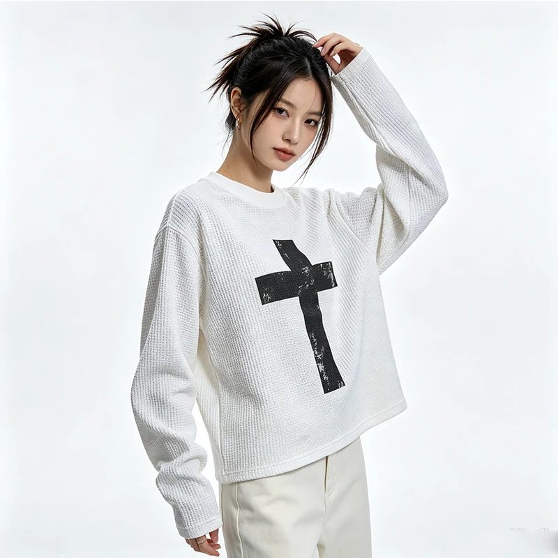 American Subculture Special-Interest Design Vintage Distressed Cross Printed Waffle Long Sleeve T-shirt Ins Style