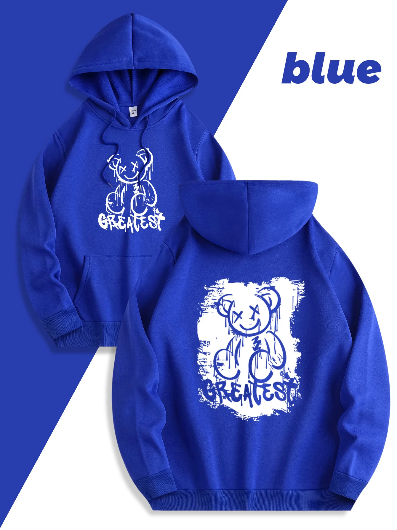 City street casual hip-hop men's winter fleece pullover with hood, retro distressed bear print, outdoor sports and casual wear.