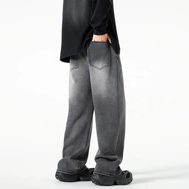 جديد غسلها الجينز الشارع السراويل الذكور الدنيم السراويل بلون واسعة الساق بانت زر عارضة الشارع الشهير الهيب هوب نمط المعادن الثقيلة #4