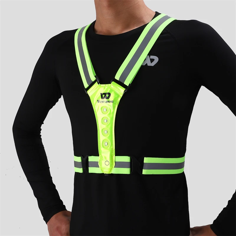 WEST BIKING Reflective Led Light Vest Adjustable Elastic Safety Harness Usb Rechargeable Night Running Cycling Warning Reflective Vest