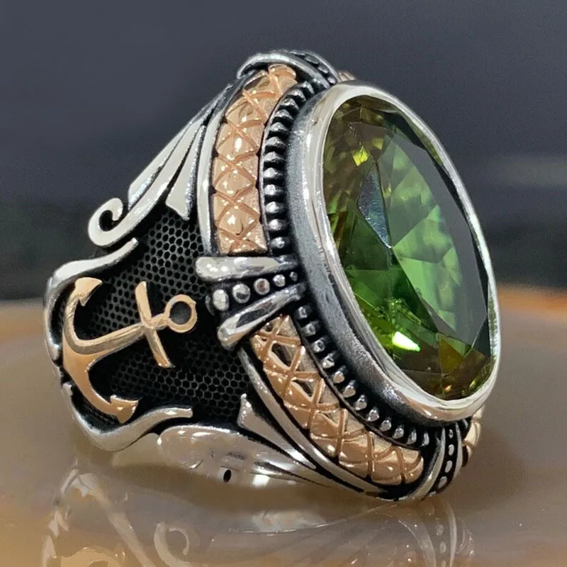 Vintage Gothic Two Colors Green Crystal Finger Men's Ring Engraving Anchor Geometric Pattern for Male Party Jewelry