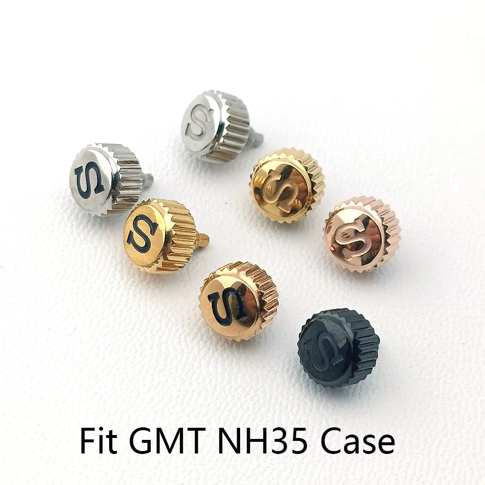 

High quality replacement GMT crown with engraved "s" logo, suitable for movement NH35NH36, including crown tube shaft