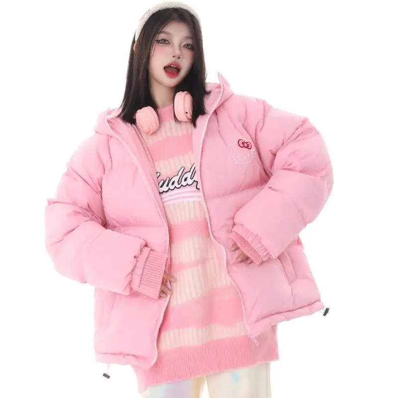 Sanrios Hellokitty Down Jacket Sweet Girl Autumn and Winter Thickened Cute Hooded Cotton Coat Loose Couple Outdoor Travel Coat