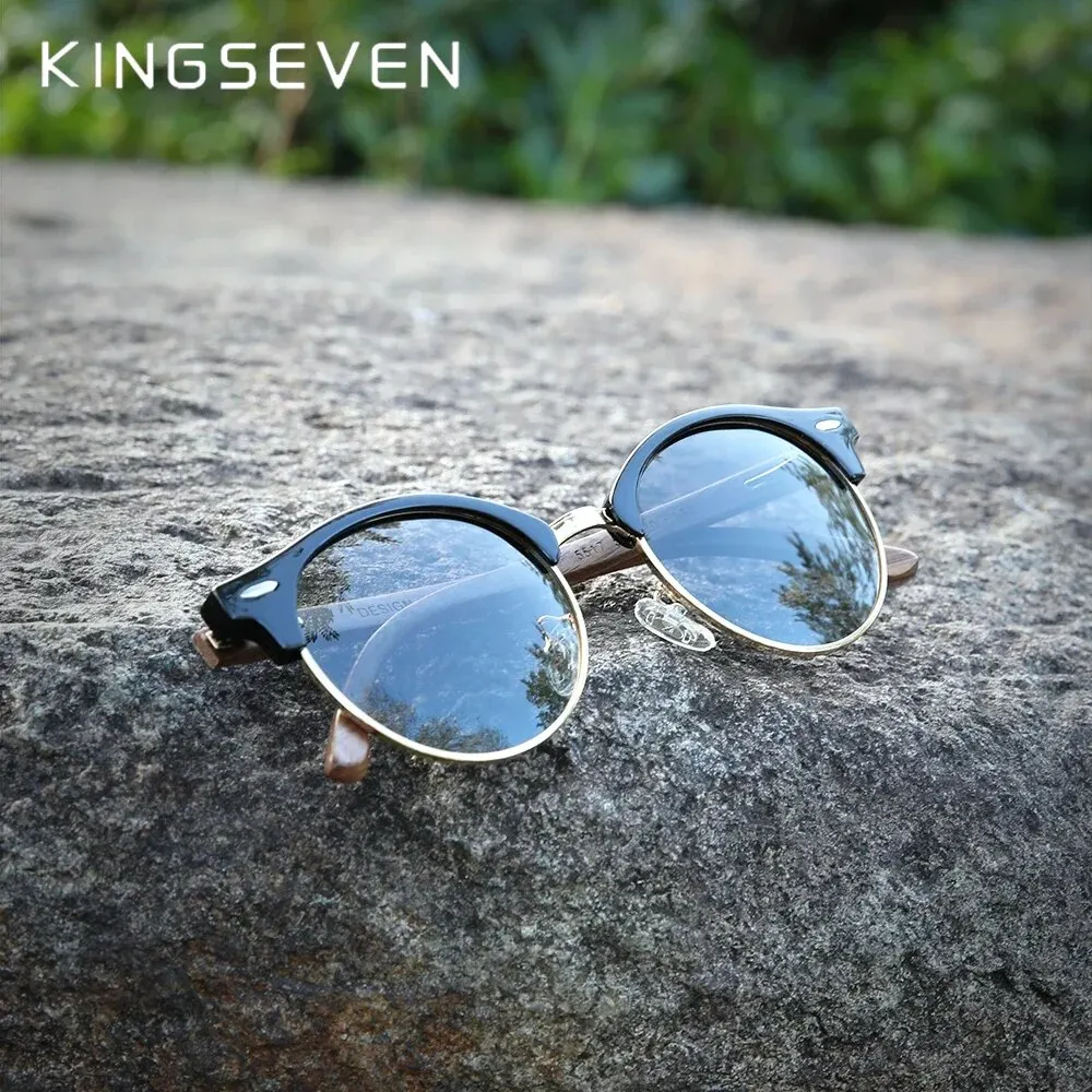 KINGSEVEN Fashion Handmade Walnut Round Sunglasses For Men Women Wood Polarized UV400 Glasses High Quality Accessory Eyewaer