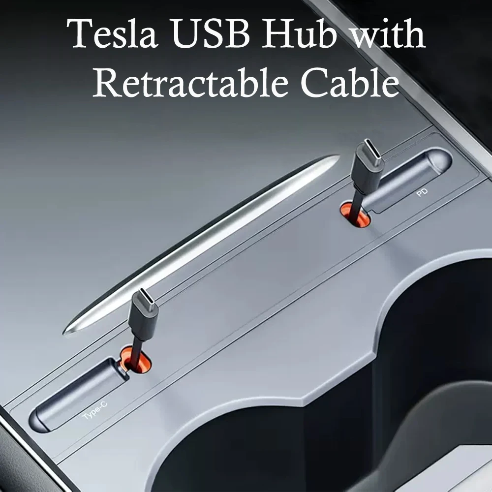 For Tesla Model 3/Y USB Hub with Retractable Data Cable, Center Control Multiport Expansion Dock Hub Adapter for Tesla Car Acces