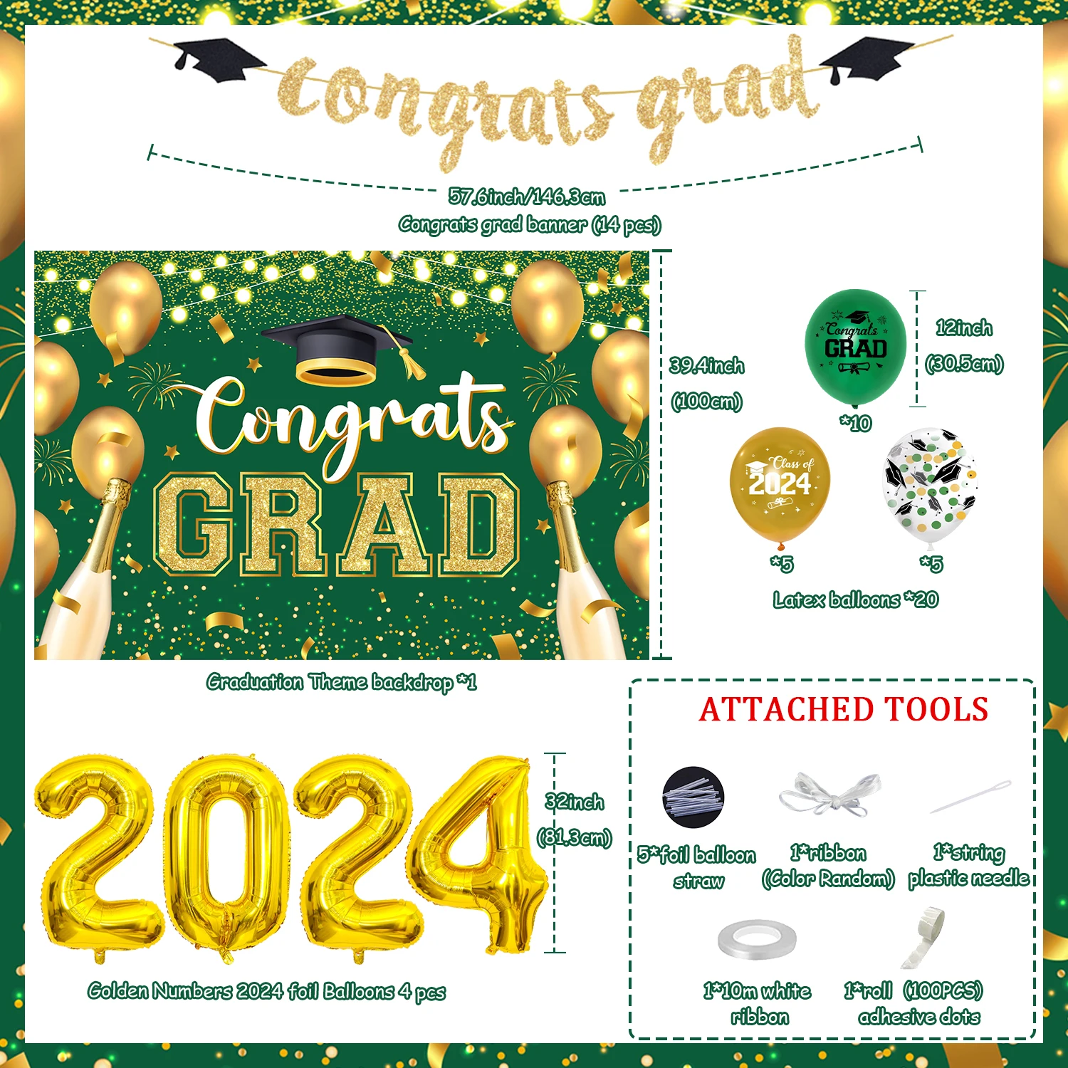 41Pcs Green Gold Congrats Grad Decorations 2024 with Congrats Grad Backdrop Glitter Banner Green Gold Silver Latex Foil Balloon