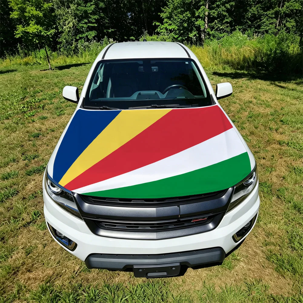 130x160cm Seychelles and Nevis Flag Car Hood Cover, Elastic Windproof Patriotic Bonnet Banner