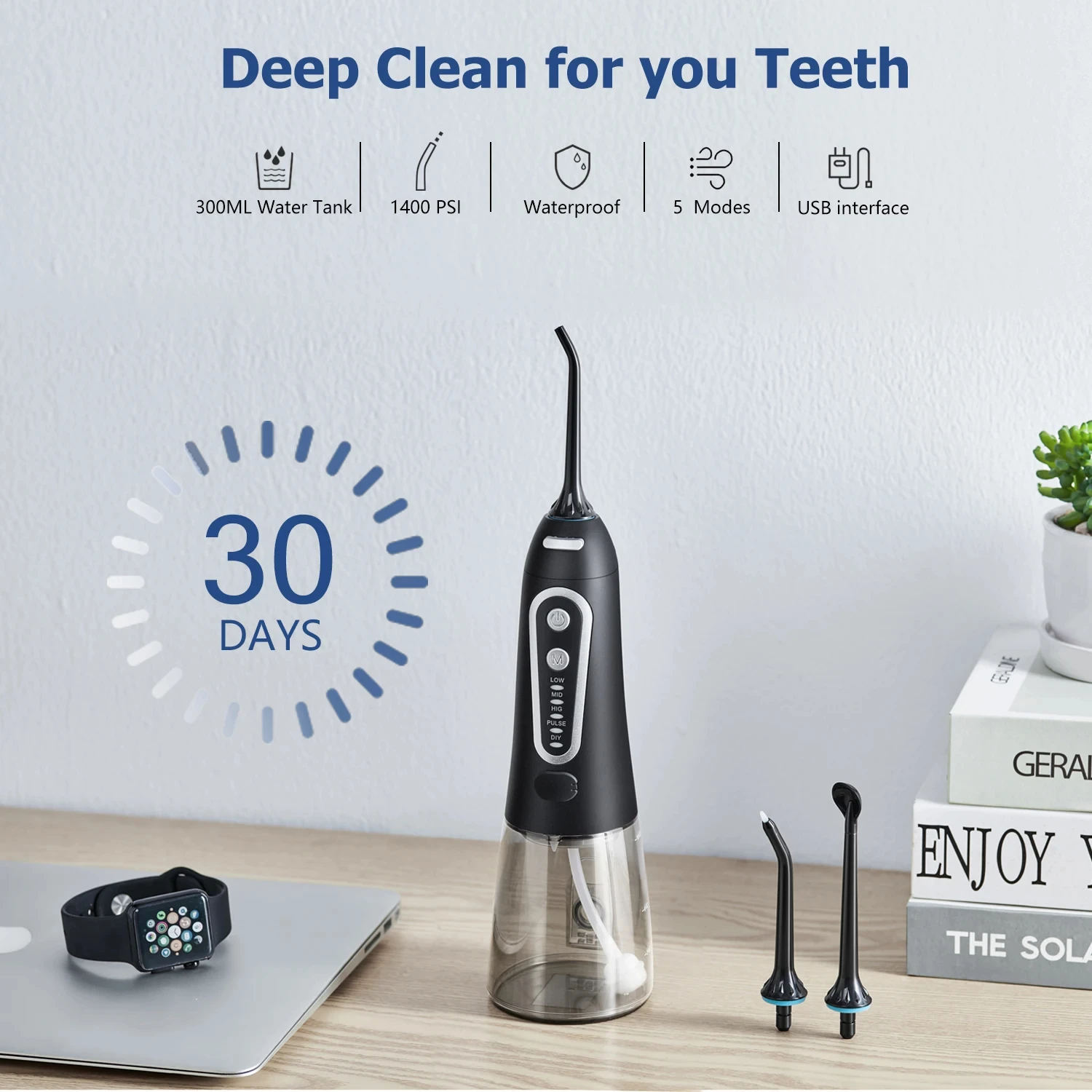 Portable Oral Irrigator Dental Water Jet 300ML Water Dental Flosser IPX7 Waterproof Water Flusher 6 Nozzles 5 Cleaning Modes