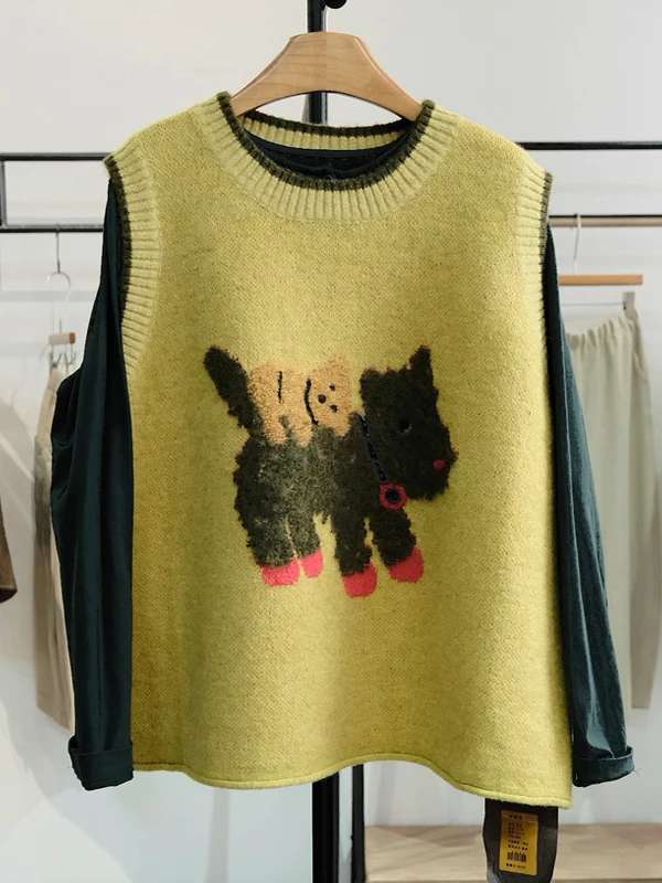 เสื้อกั๊กไหมพรมถักลายสุนัข สไตล์ใหม่สำหรับฤดูใบไม้ร่วง นุ่มสบาย ใส่ได้หลายแบบ ทันสมัย มีสไตล์