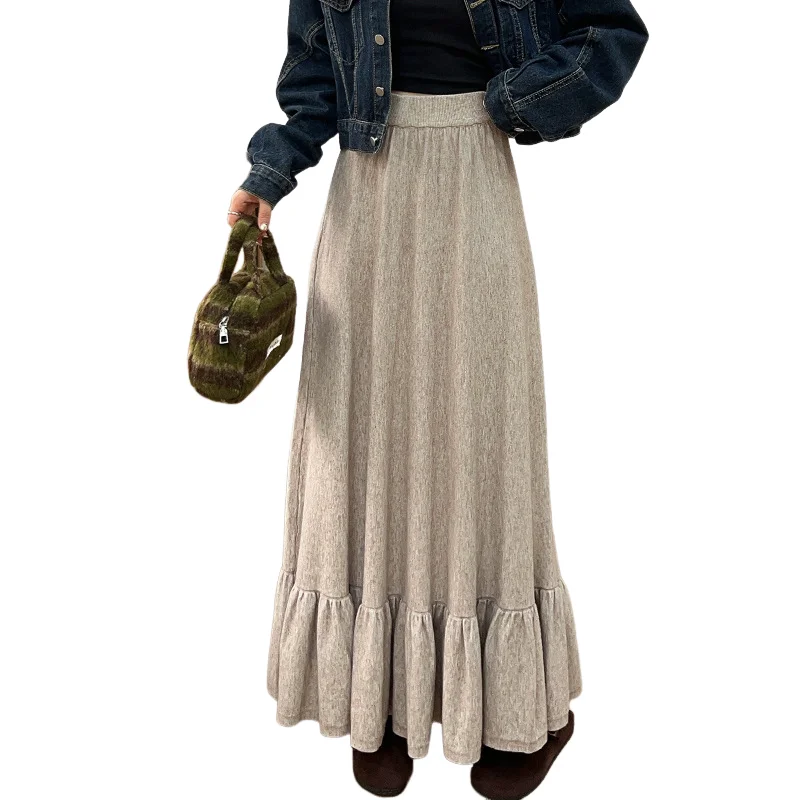 Saia longa de malha feminina outono inverno retro cintura alta versão coreana lazer idade reduzindo borda folha de lótus saia plissada