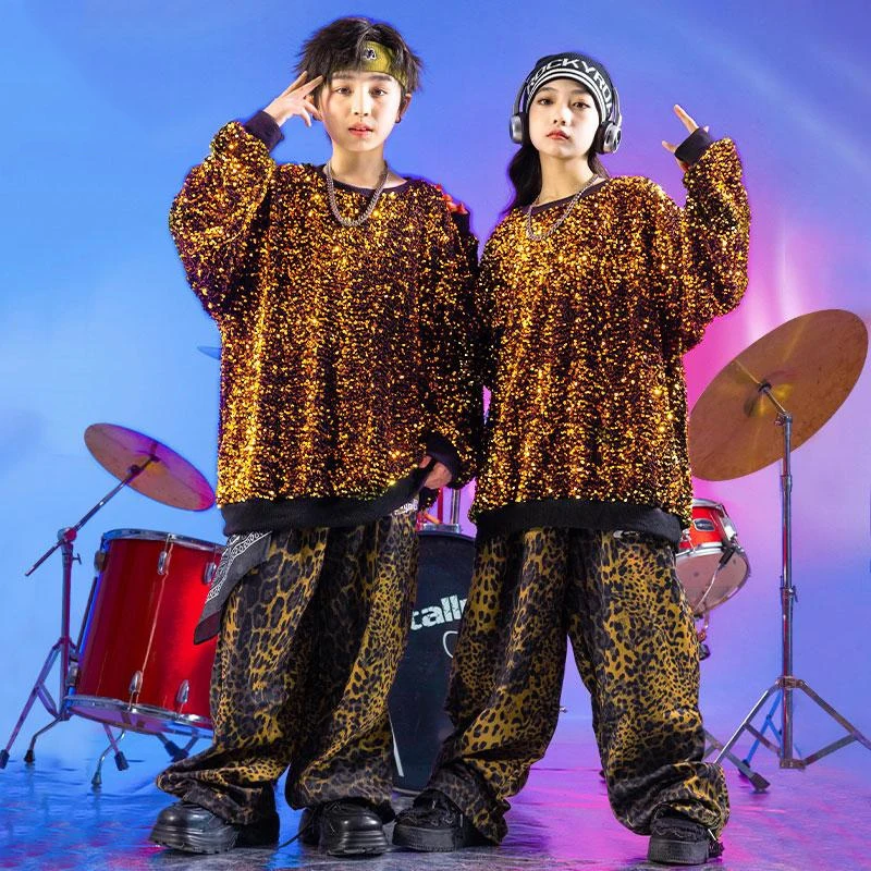 

Детский костюм для выступлений, уличный танец, хип-хоп, топ с блестками, брюки с леопардовым принтом, детская одежда для джазовых современных танцев DN20181