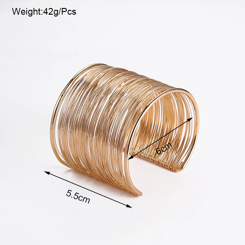 Vintage Punk Layered Wide Wire Cuff Bangle Bracelets for Women Exaggerated Gold Silver Color Metal Bangle Female Trendy Jewelry