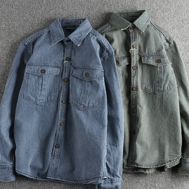 

Fashion men Europe and the United States style casual shirt coat striped fabric washed to make old vintage cargo denim shirt