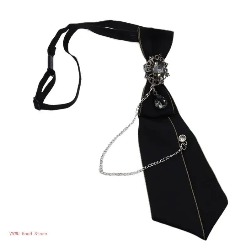 Steampunk Black Necktie Gothic for Rhinestone Metal Chain Crystal Pendant Jewelry Bowtie Evening Adjustable Pre-Tied Bow