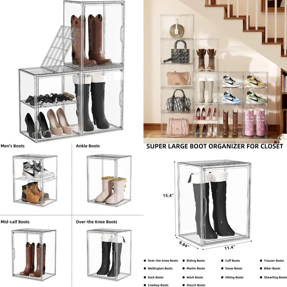 

Clear Acrylic Stackable Tall Boot Storage Organizer with Shoe Dividers for Efficient Display and Protection